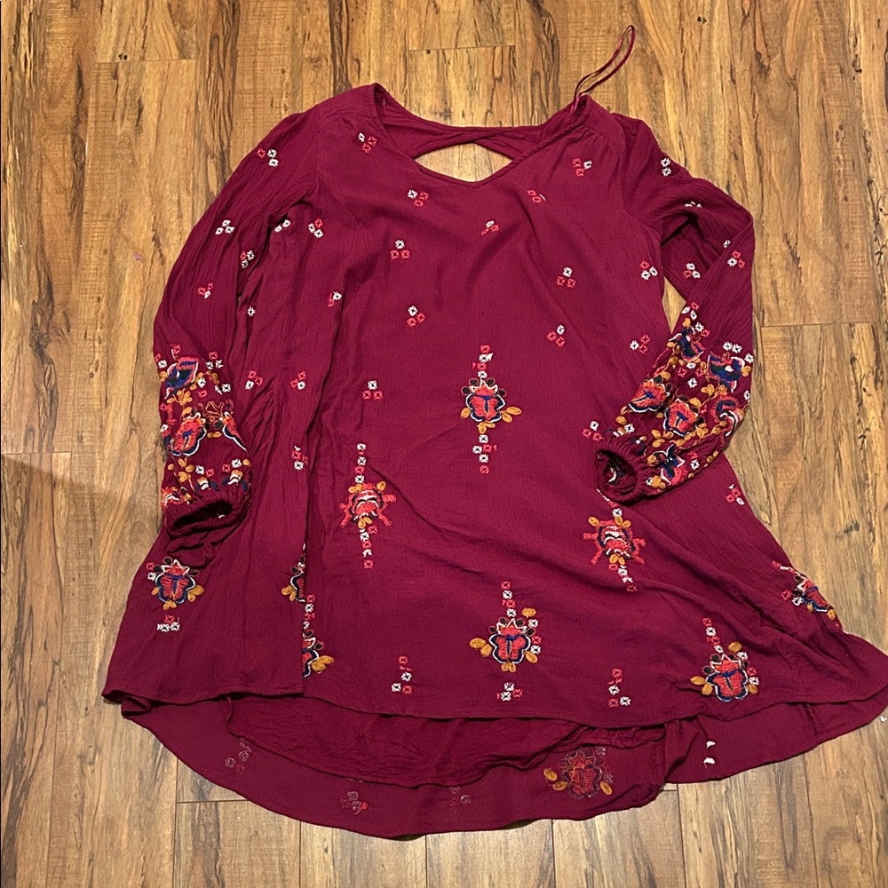 Free People Burgundy Embroidered Tunic Top